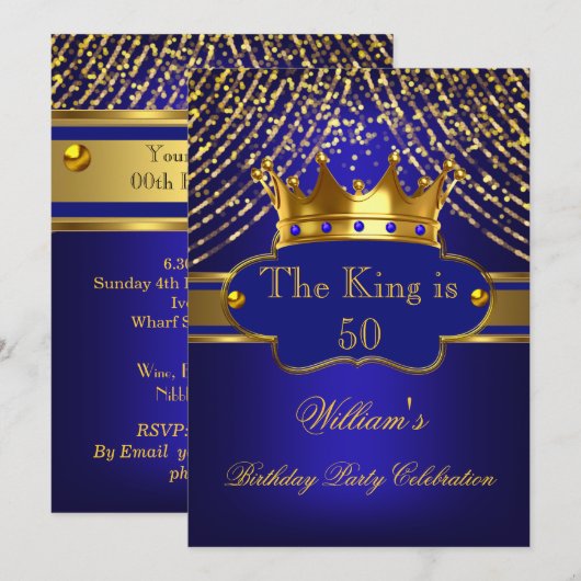 Koning Royal Blue Gold Crown Birthday Party Mannen Kaart (Voorkant / Achterkant)