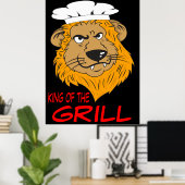 Koning van de grill, boze leeuwenkop, grappig poster (Thuiskantoor)