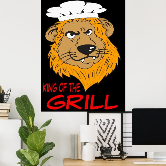 Koning van de grill, boze leeuwenkop, grappig poster (Thuiskantoor)