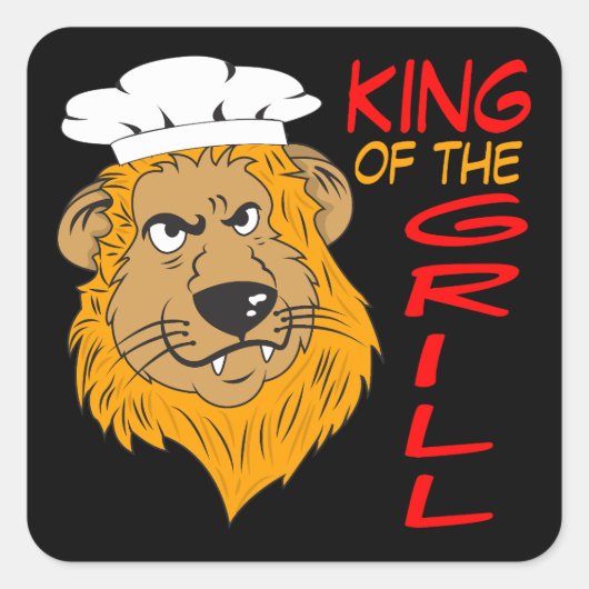 Koning van de grill, Leeuw Chef, Grappige Zwarte Vierkante Sticker (Voorkant)