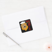 Koning van de grill, Leeuw Chef, Grappige Zwarte Vierkante Sticker (Envelop)