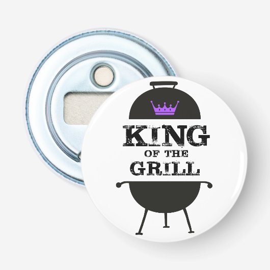 Koning van de Grill, zwarte Paarse kroon Button Flesopener (Voorkant)