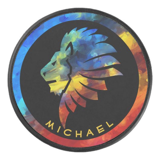 Koning van de oerwoud waterverf monogram leeuw hockey puck (Voorkant)
