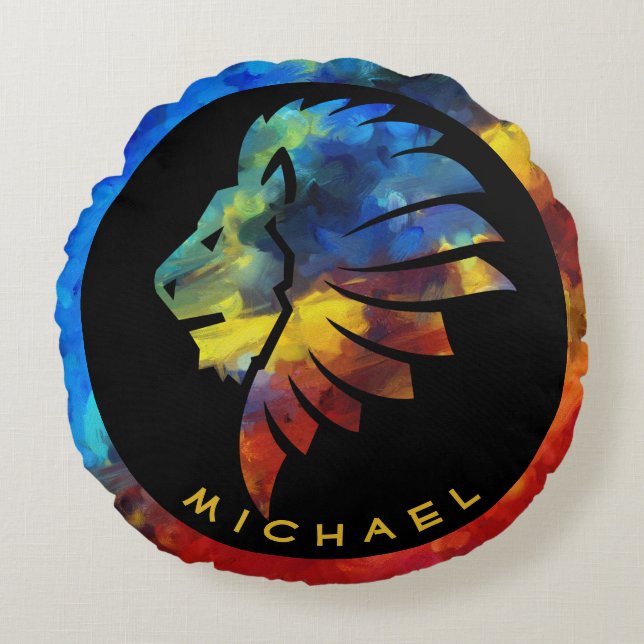 Koning van de oerwoud waterverf monogram leeuw rond kussen (Voorkant)