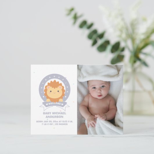 Koning van het Oerwoud Lion Cub Baby Boy Foto gebo Aankondigingskaart (Staand voorkant)