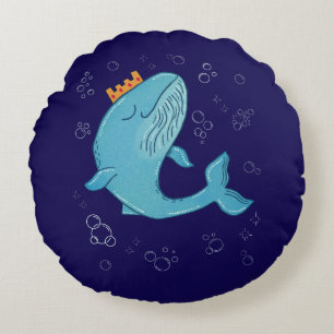 Koning Walvis met Kroon   Whimsische Oceaans Volks Rond Kussen