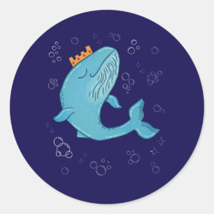 Koning Walvis met Kroon   Whimsische Oceaans Volks Ronde Sticker