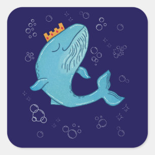 Koning Walvis met Kroon   Whimsische Oceaans Volks Vierkante Sticker