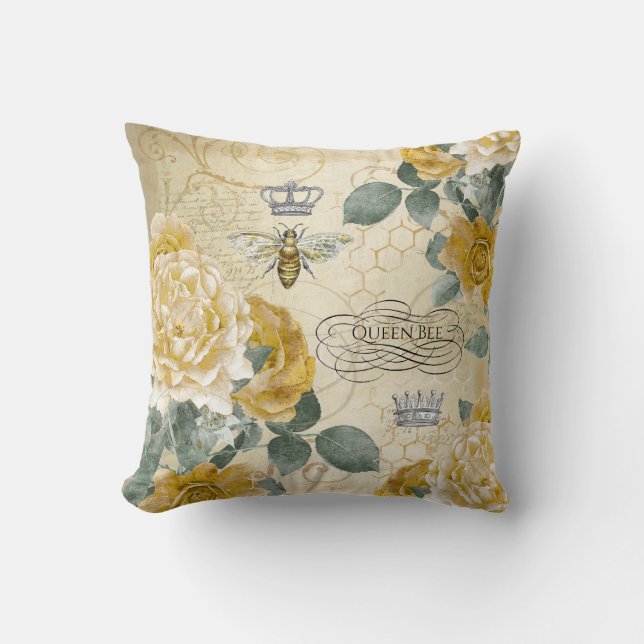 koningin Bee Golden Rozen Floral Kussen (Voorkant)