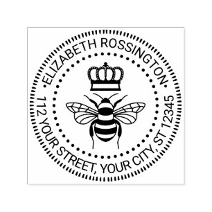 Koningin Bee Met Kroon #3 Ronde Naam Retouradres Zelfinktende Stempel