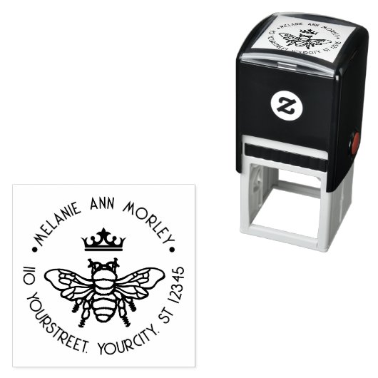 Koningin Bee met Kroon Ronde Naam Retouradres Zelfinktende Stempel (In situ)