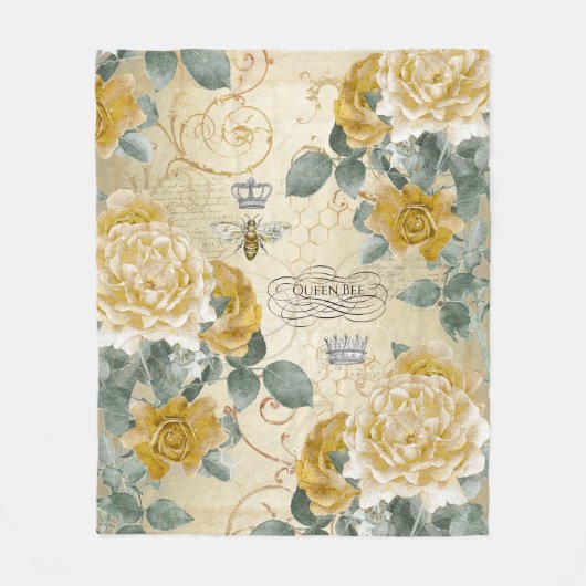  koningin Bee Royal Crown Golden Rozen Floral Fleece Deken (Voorkant)