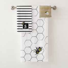 Koningin Bee Stripe met honingraat | Monogram Bad Handdoek
