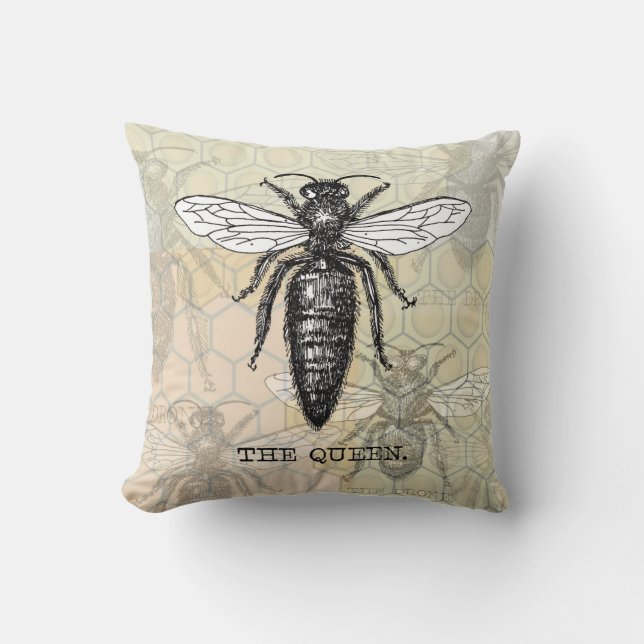Koningin Bij Insect Antieke Illustratie Kussen (Voorkant)