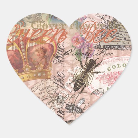 Koningin Bij Vintage Mooie Collage Hart Sticker (Voorkant)