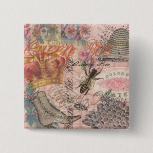 Koningin Bij Vintage Mooie Collage Vierkante Button 5,1 Cm