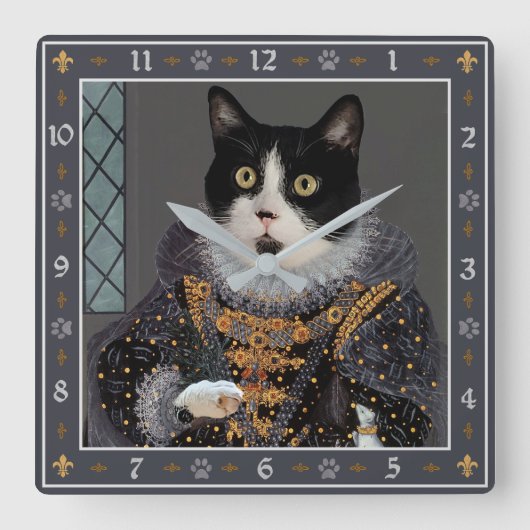 Koningin Cat Tuxedo Kat Grappig Renaissance Portre Vierkante Klok (Voorkant)