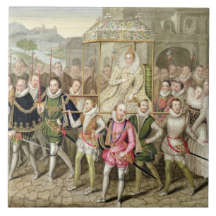 Koningin Elizabeth I in processie met haar Courtie Tegeltje