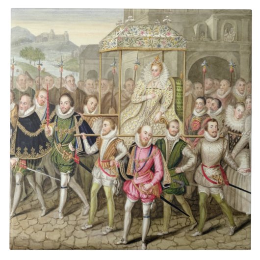 Koningin Elizabeth I in processie met haar Courtie Tegeltje (Voorkant)