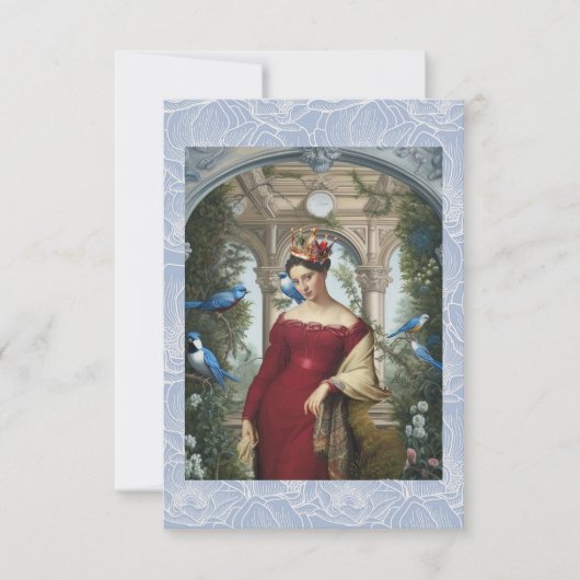 Koningin in rood met blauwe vogels bedankkaart (Voorkant)