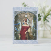 Koningin in rood met blauwe vogels bedankkaart (Staand voorkant)