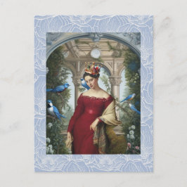 Koningin in rood met blauwe vogels briefkaart