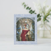 Koningin in rood met blauwe vogels briefkaart (Staand voorkant)
