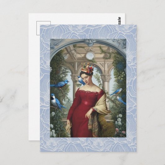 Koningin in rood met blauwe vogels briefkaart (Voorkant / Achterkant)