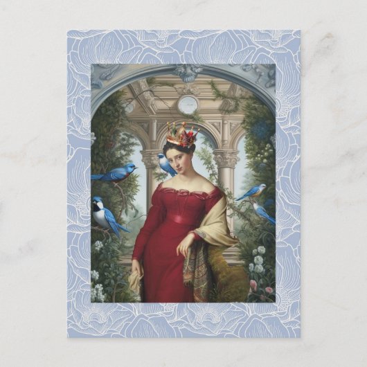 Koningin in rood met blauwe vogels briefkaart (Voorkant)