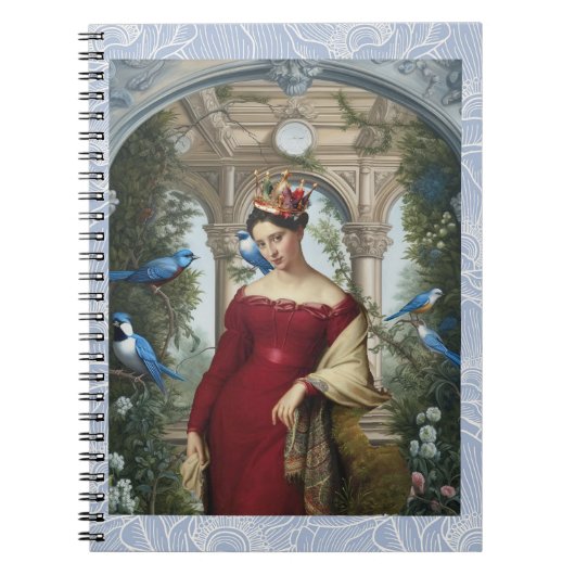 Koningin in rood met blauwe vogels notitieboek (Voorkant)