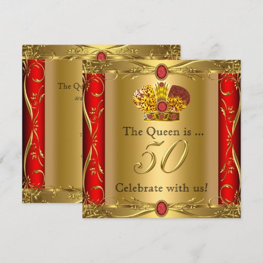 Koningin Koning Regal Red Gold 50th Birthday Party Kaart (Voorkant / Achterkant)