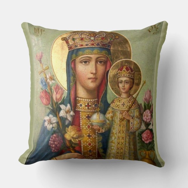 Koningin Mary Madonna Jesus Christus Flowers Kussen (Voorkant)