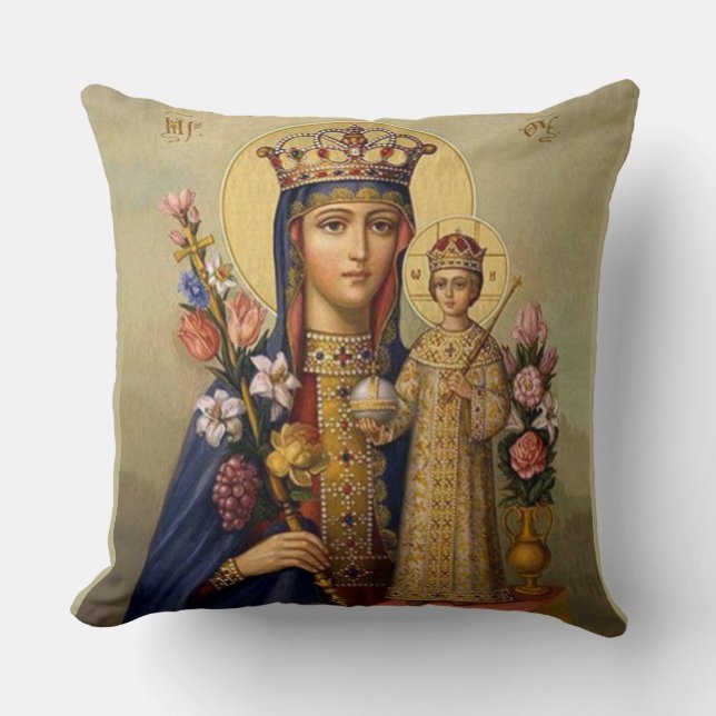 Koningin Mary Madonna Jesus Christus Flowers Kussen (Voorkant)