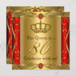 Koningin of Koning Regal Red Gold 80th Birthday Pa Kaart<br><div class="desc">Koningin of koning Prins Royal,  Red Gold Elite 80th Birthday Party. Gold Royal Regal Red. Elegant Birthday Party  Gold. Elegant Birthday Invitation Party for Men and women.</div>