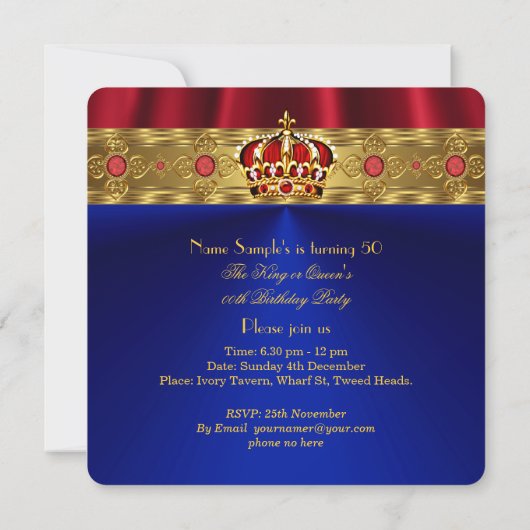 Koningin Red Crown Royal Blue Gold Birthday 4 Kaart (Achterkant)