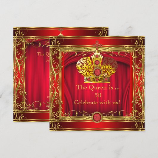 Koningin Regal Red Gold 50th Birthday Party Kaart (Voorkant / Achterkant)
