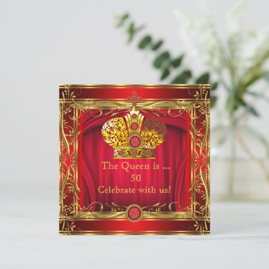 Koningin Regal Red Gold 50th Birthday Party Kaart (Staand voorkant)