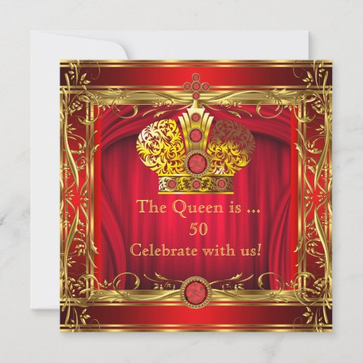 Koningin Regal Red Gold 50th Birthday Party Kaart (Voorkant)