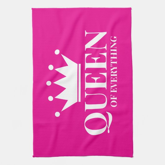 Koningin van alles neon roze keukenhanddoek cadeau (Verticaal)