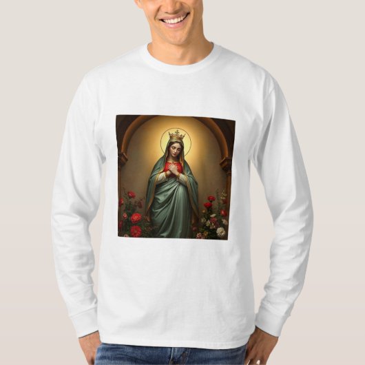 Koningin van de Hemel katholieke heren lange mouw  T-shirt (Voorkant)