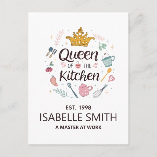 Koningin van de Keuken Aangepaste Naam Ontwerp Briefkaart (Voorkant)
