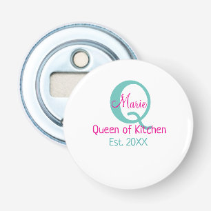 Koningin van de keuken monogram groen roze eenvoud button flesopener