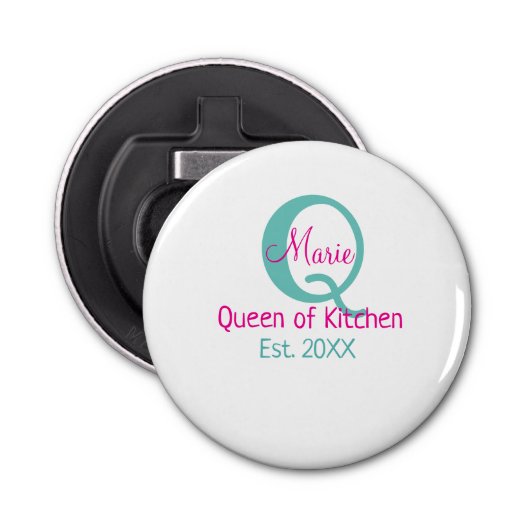 Koningin van de keuken monogram groen roze eenvoud button flesopener (Voorkant)