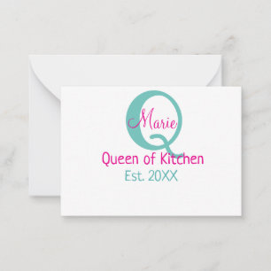 Koningin van de keuken monogram groen roze eenvoud notitiekaartje