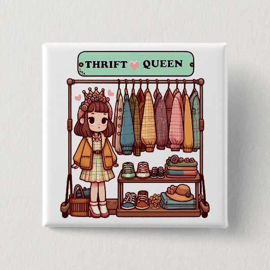 Koningin van de tweedehands vierkante button 5,1 cm (Voorkant)