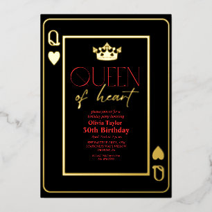 Koningin van hart Zwart Rood Goud Verjaardagsfeest Folie Uitnodiging