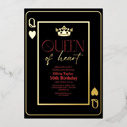 Koningin van hart Zwart Rood Goud Verjaardagsfeest Folie Uitnodiging (Voorkant)