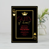 Koningin van hart Zwart Rood Goud Verjaardagsfeest Folie Uitnodiging (Staand Voorkant)