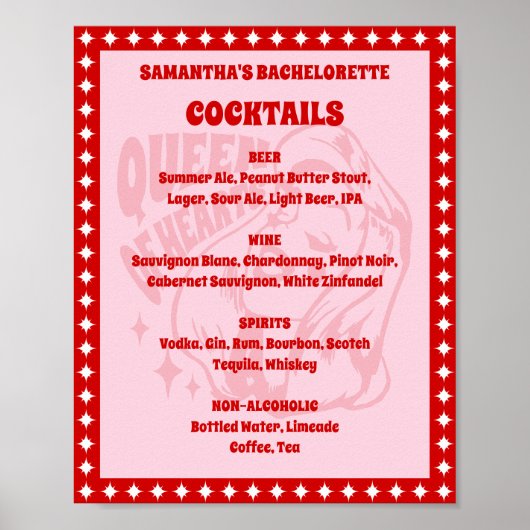 Koningin van Harten Bruidsfeest Cocktail Menu Bord Poster (Voorkant)