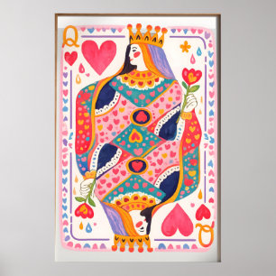 Koningin van Harten Poster, Kleurrijke Speelkaart  Poster